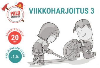 Kaksi piirrettyä palokuntalaista sammutusletkua iloisesti, kuvassa teksti viikkoharjoitus 3, liikuntatavoite 20 min ja harjoituksen kesto noin 1,5 tuntia.