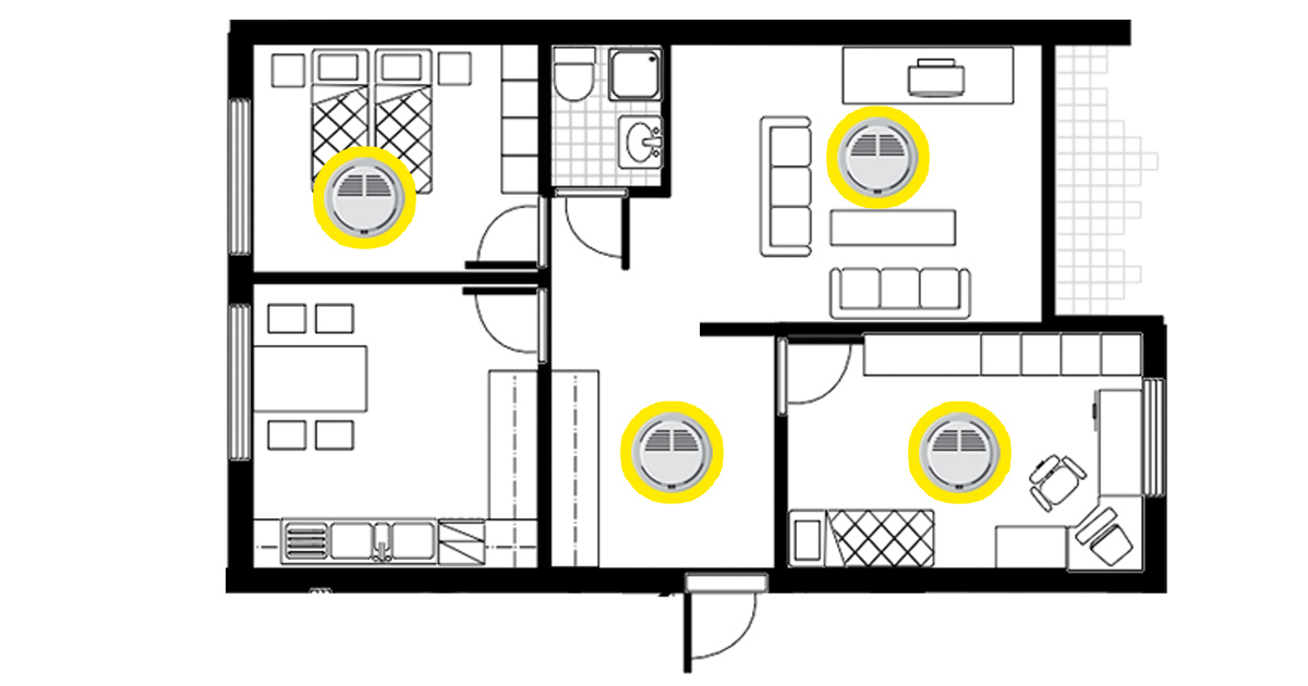 Planlösning för en bostad med tre rum och kök.