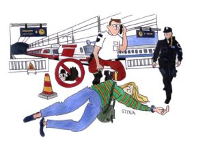 Piirroskuva, jossa nainen on kaatunut junan asemalaiturille ja junan henkilökunta soittaa apua. Muistutuksena tunnus, että valokuvaus kielletty.
