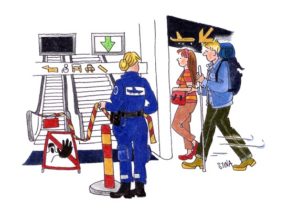 Piirroskuva, jossa ollaan lentokentällä ja henkilö kävelee sokeakepin kanssa reppu vieressä ja toinen henkilö vieressä.