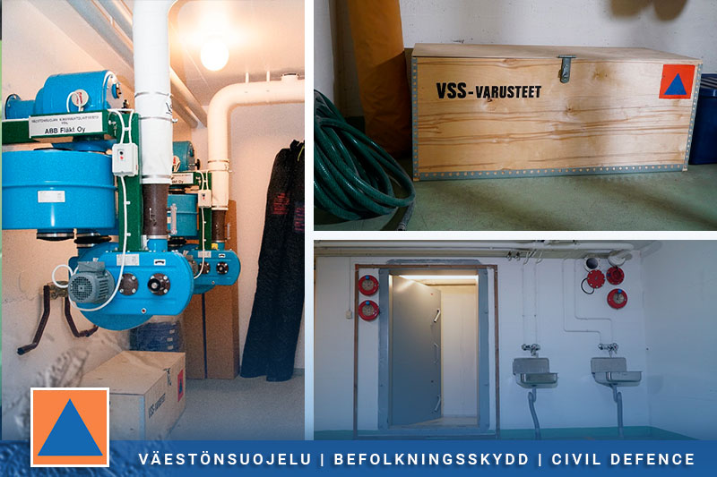 Kolme kuvaa väestönsuojasta: ilmanvaihtolaitteisto, varustelaatikko sekä ovi ja vesipisteet.