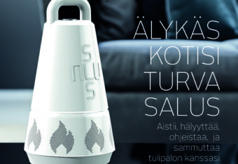 Valkoisen, kartionmuotoisen sammuttimen kuva ja teksti: Älykäs kotisi turva Salus, aistii, hälyttää, ohjeistaa ja sammuttaa tulipalon kanssasi.