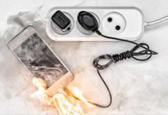 Palava älypuhelin, joka on kytketty pistorasiaan jatkojohdon kautta.