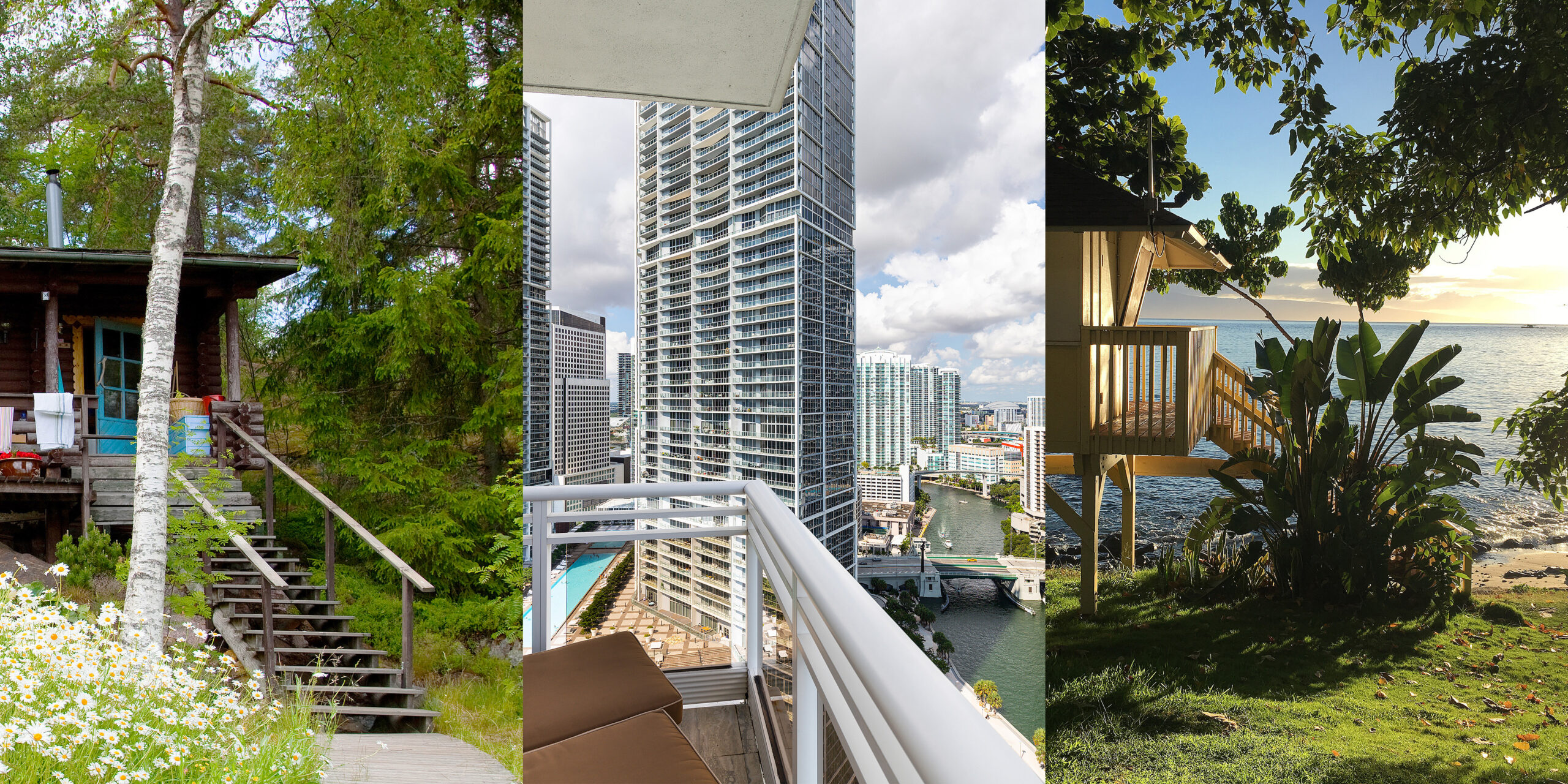 Kesämökki koivujen keskellä, korkea tornitalo kaupungissa sekä bungalow meren rannalla.