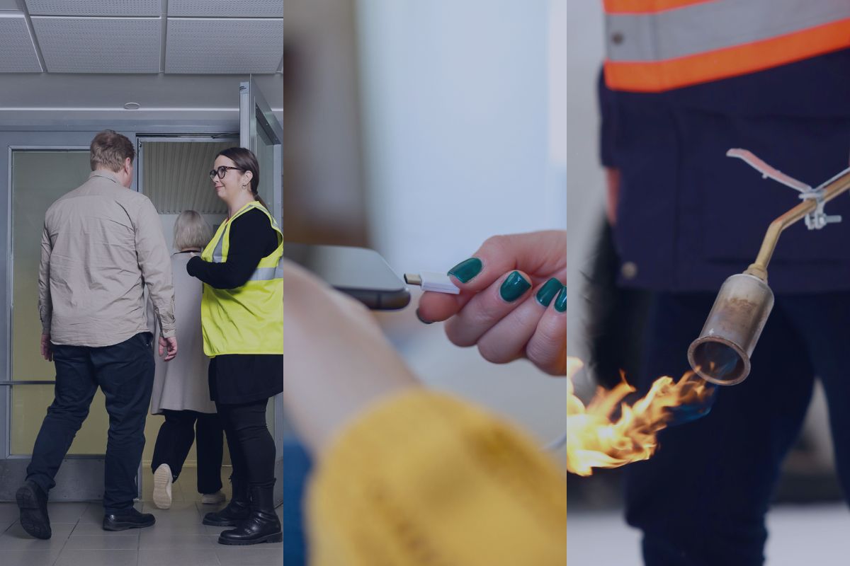 Poistuminen hätäpoistumistietä pitkin rappukäytävään, puhelimen laittaminen lataukseen ja tulen käsittely.