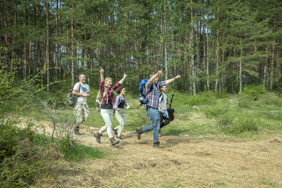 Five lively young people with backpacks walk across a forest clearing, cheering with their hands raised. One is holding a guitar.