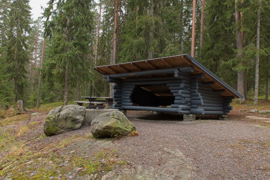 A lean-to shelter stands in the middle of the forest with a fire pit in front of it.