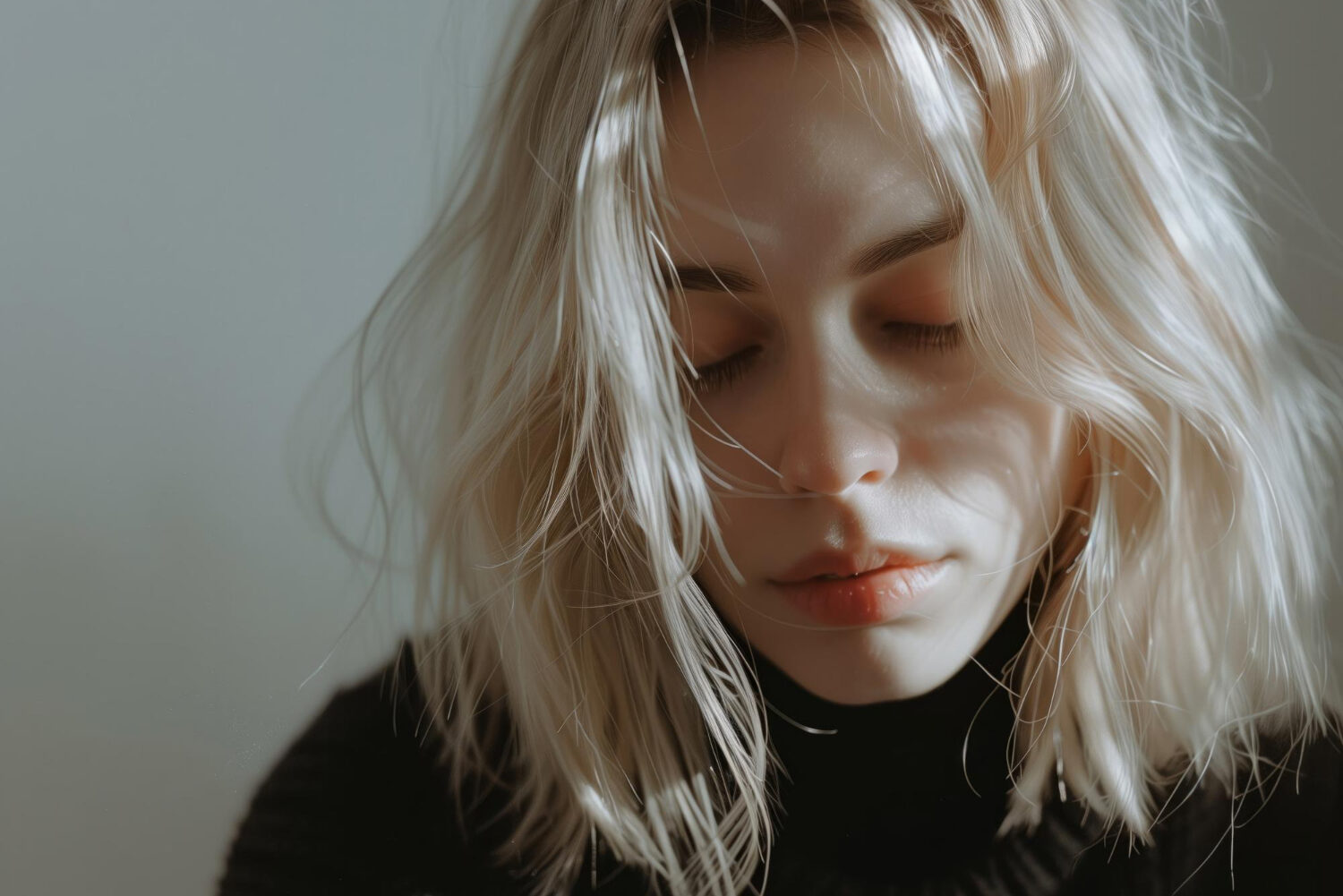 A blond young person with their eyes closed, hair partially covering their face.