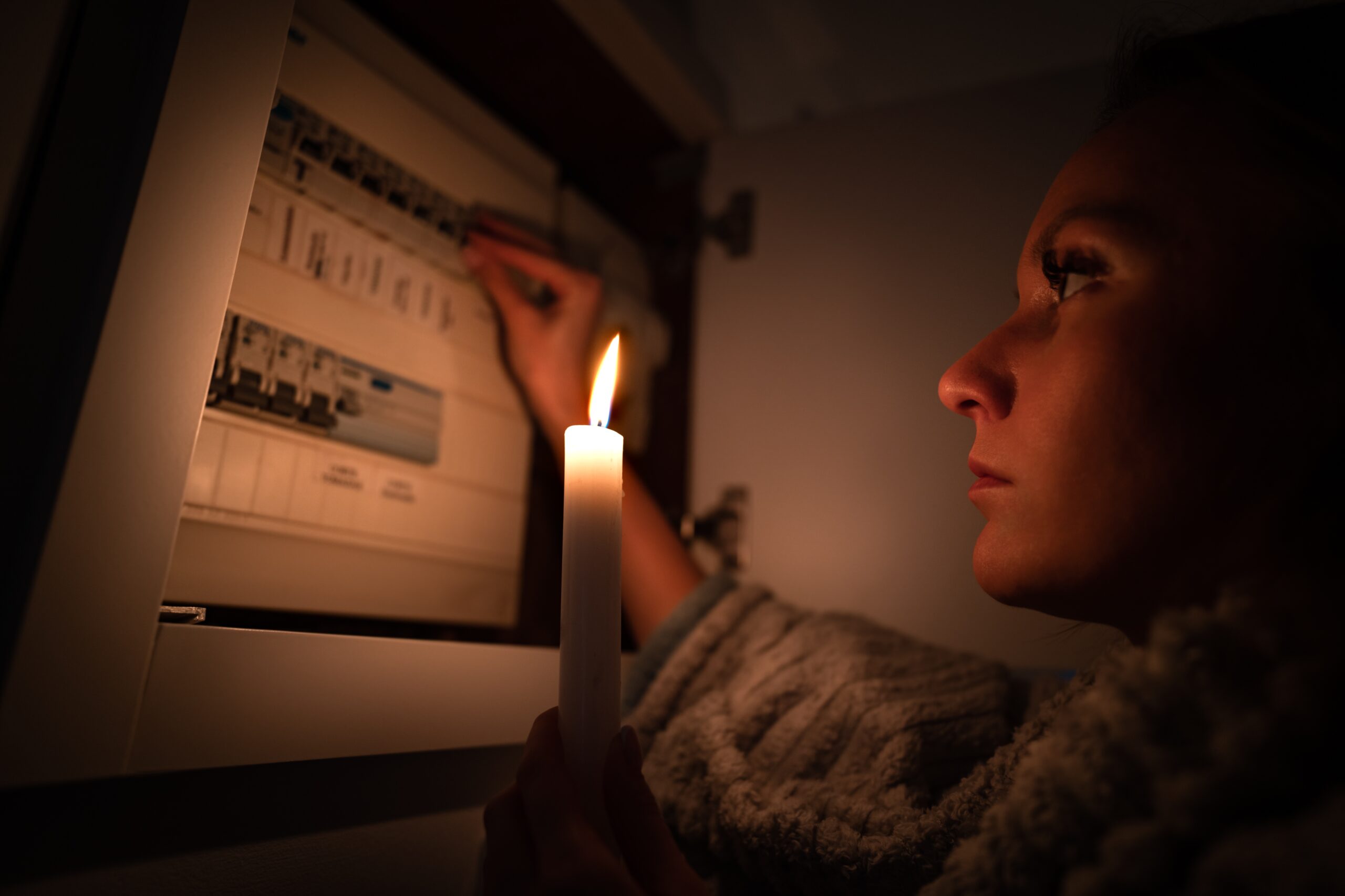 A young woman checks the fuses in a group center by candlelight.