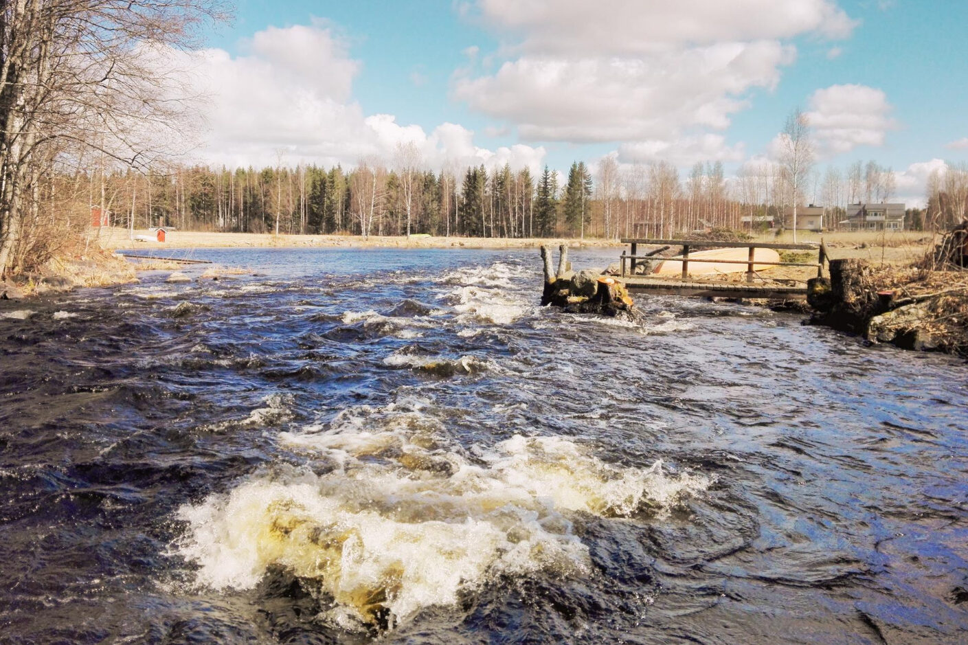 Flooded waters with a pier, land, and forest visible in the background.