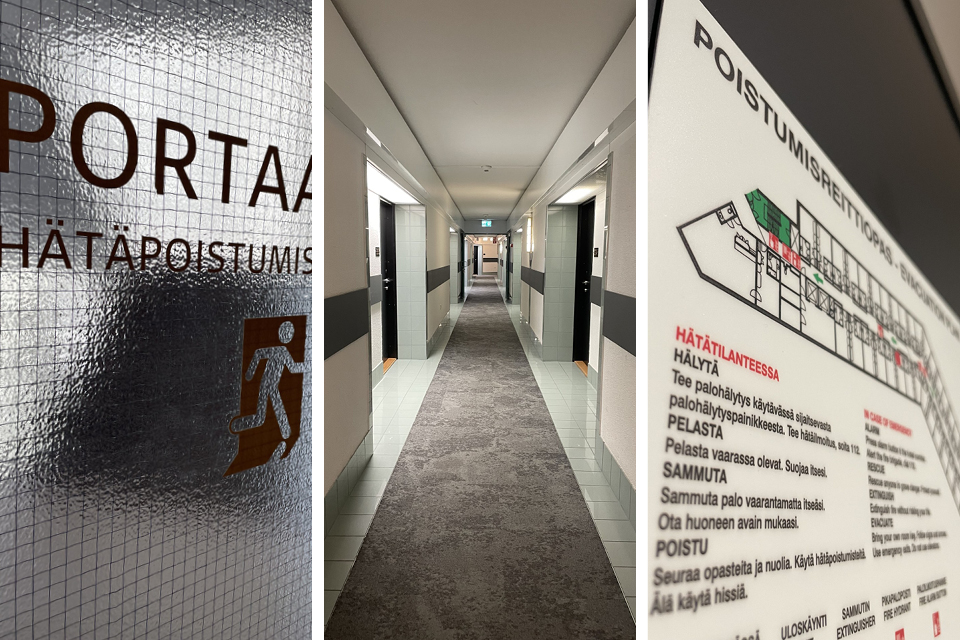 Hätäpoistumistie portaisiin, pitkä käytävä, jonka päässä on hätäpoistumistie ja kyltti, joka kertoo poistumisreiteistä.
