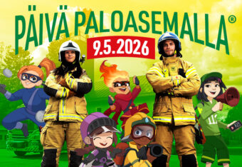 Päivä Paloasemalla 9.5.2026. Kaksi pelastajaa ja piirroshahmoja.