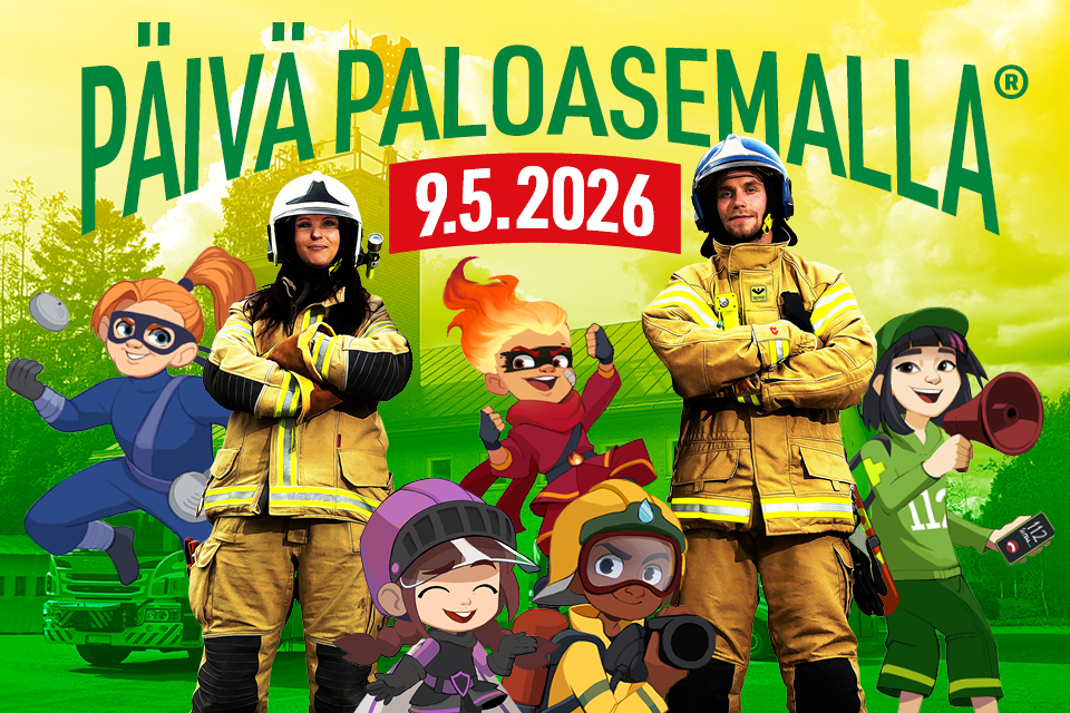 Päivä Paloasemalla 9.5.2026. Kaksi pelastajaa ja piirroshahmoja.