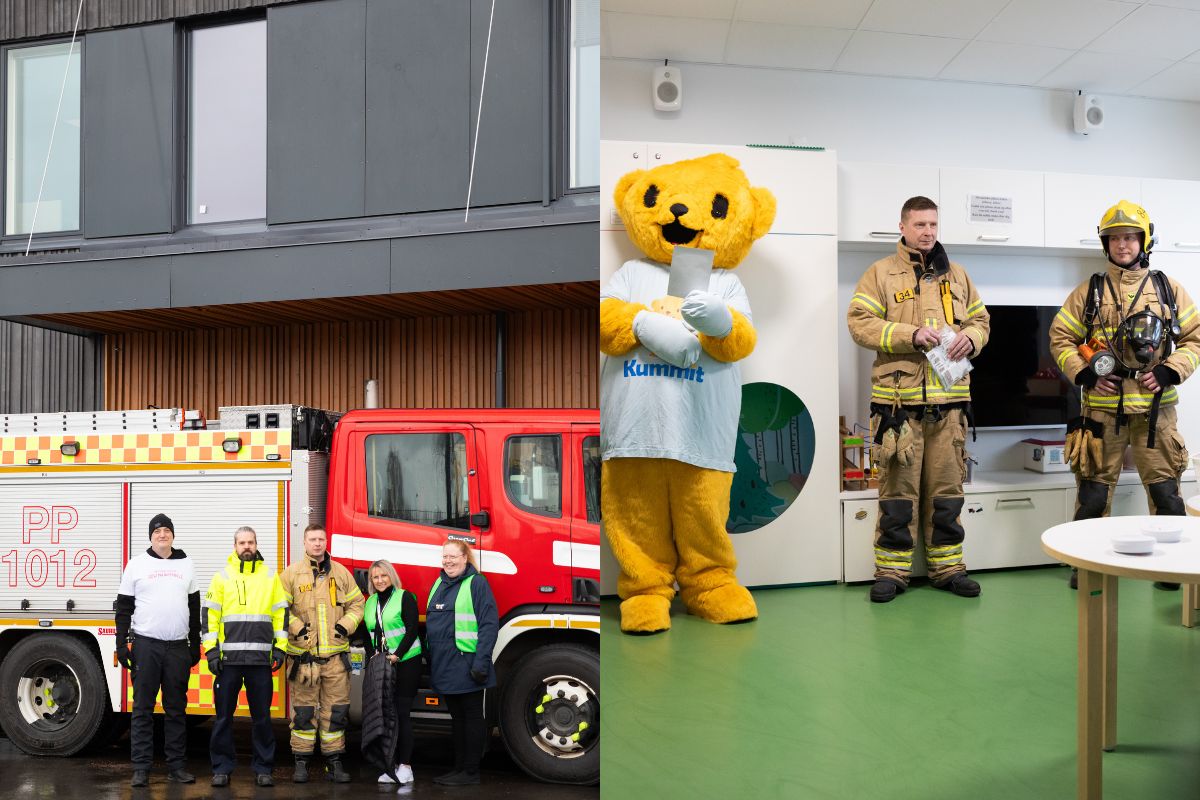 Pelastajia ja pelastusalan työntekijöitä paloauton edessä sekä sairaalan osastolla nallemaskotin kanssa.